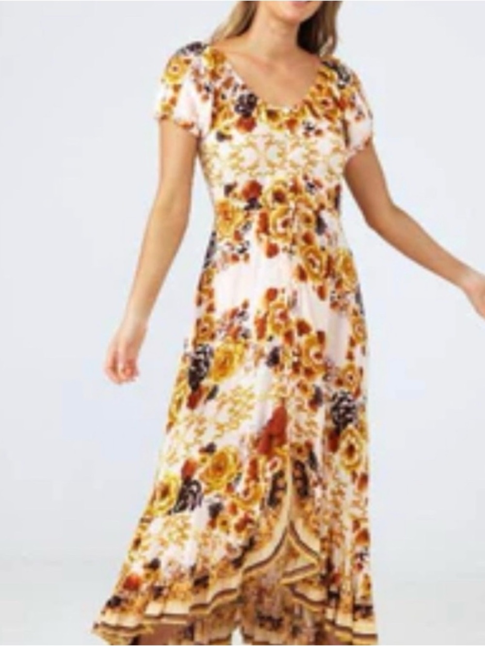 Cowgirl Chic Scoop-Neck Floral Maxi Dress in Mustard and Cream
